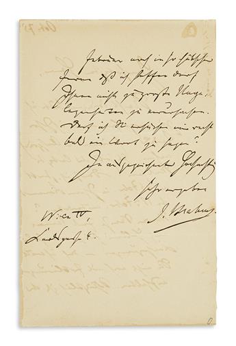 BRAHMS, JOHANNES. Autograph Letter Signed, J. Brahms, to an unnamed recipient (Esteemed Sir), in German,